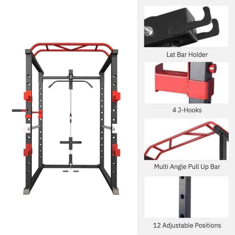 Gym power rack with detail pictures of features on a white background