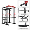Black and red weightlifting rack with detailed features on a white background