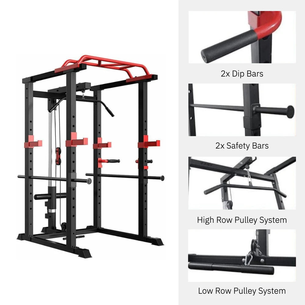 Black and red weightlifting rack with detailed features on a white background
