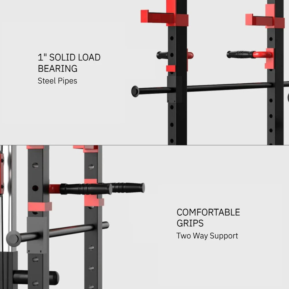 Gym rack with solid load-bearing steel pipes and comfortable grips on a gray background