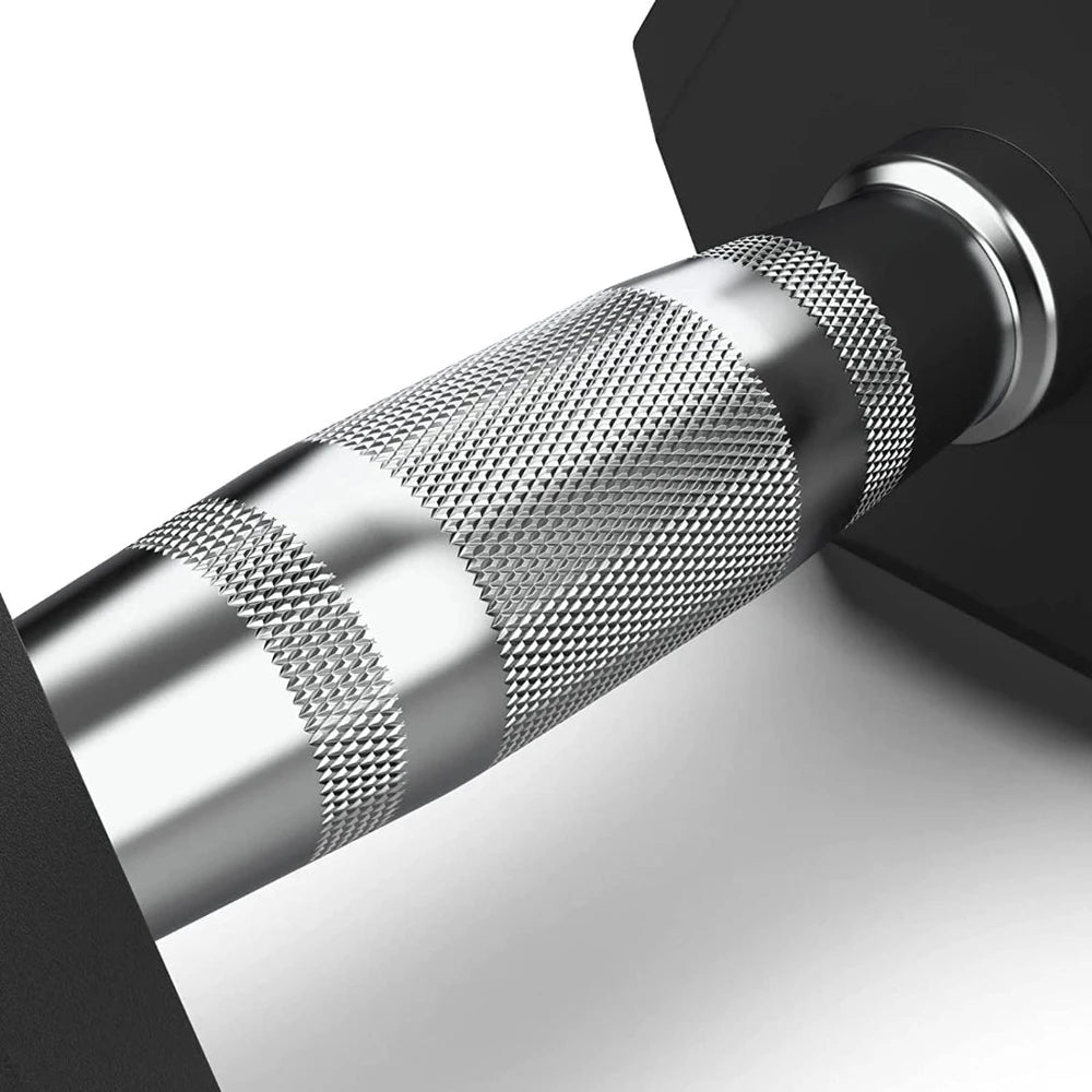 Close-up of a metallic dumbbell handle with textured grip on a white background