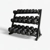 3 Tier dumbbell rack with hex dumbbell weights on a white background