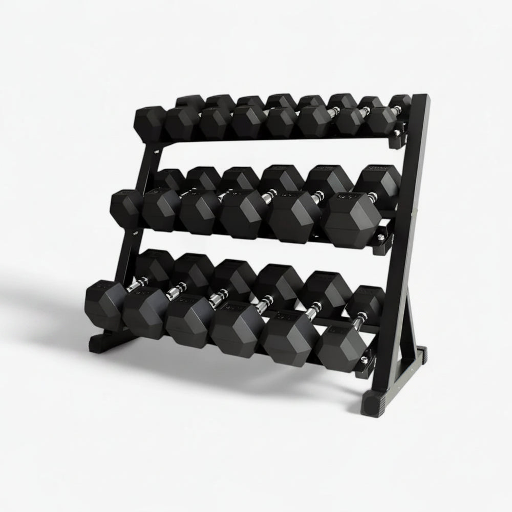 3 Tier dumbbell rack with hex dumbbell weights on a white background
