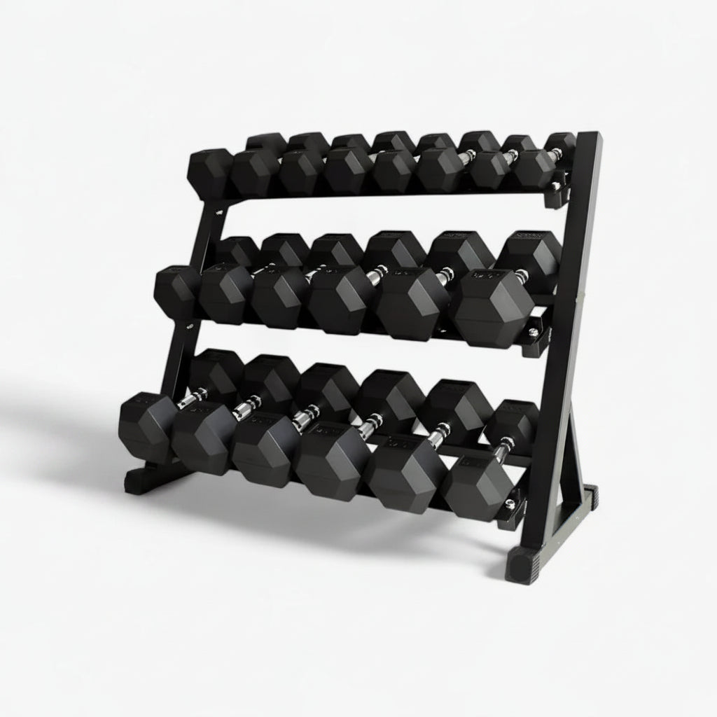 3 Tier dumbbell rack with hex dumbbell weights on a white background Main image