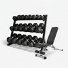 3 Tier fully stocked dumbbell weight rack and gym bench on a white background
