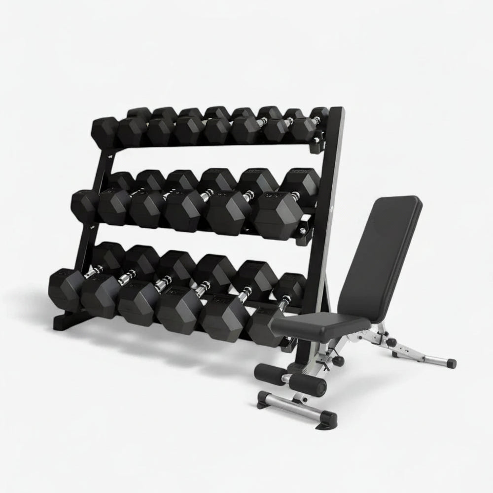 3 Tier fully stocked dumbbell weight rack and gym bench on a white background