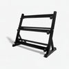 Black 3 tier dumbbell rack with no weights on a white background