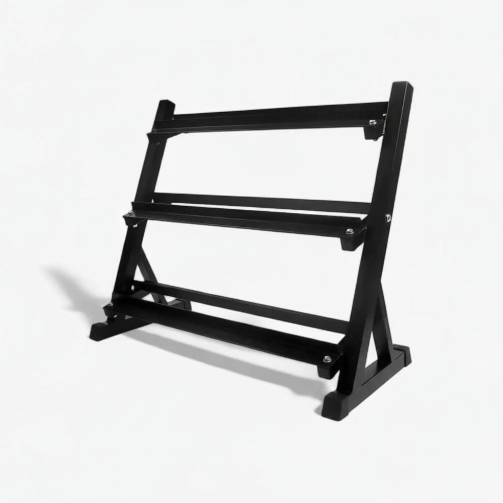 Black 3 tier dumbbell rack with no weights on a white background