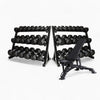 Black dumbbell rack with weights and a black weight bench on a white background
