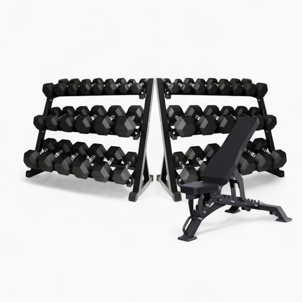 Black dumbbell rack with weights and a black weight bench on a white background
