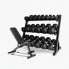 Dumbbell rack with hex weights on a white background