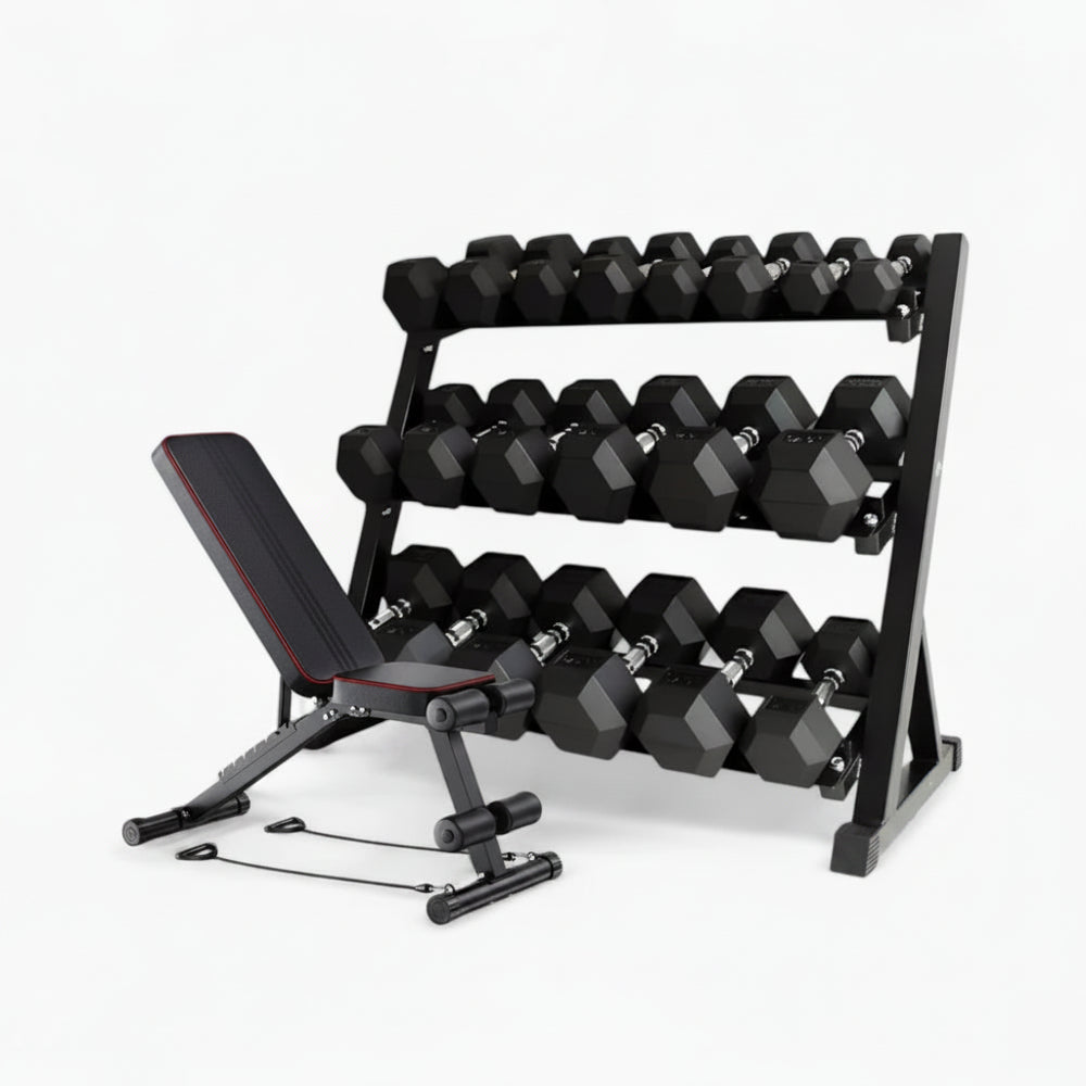 Dumbbell rack with hex weights on a white background