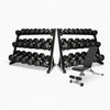 Dumbbell rack sets with stands and bench on a white background