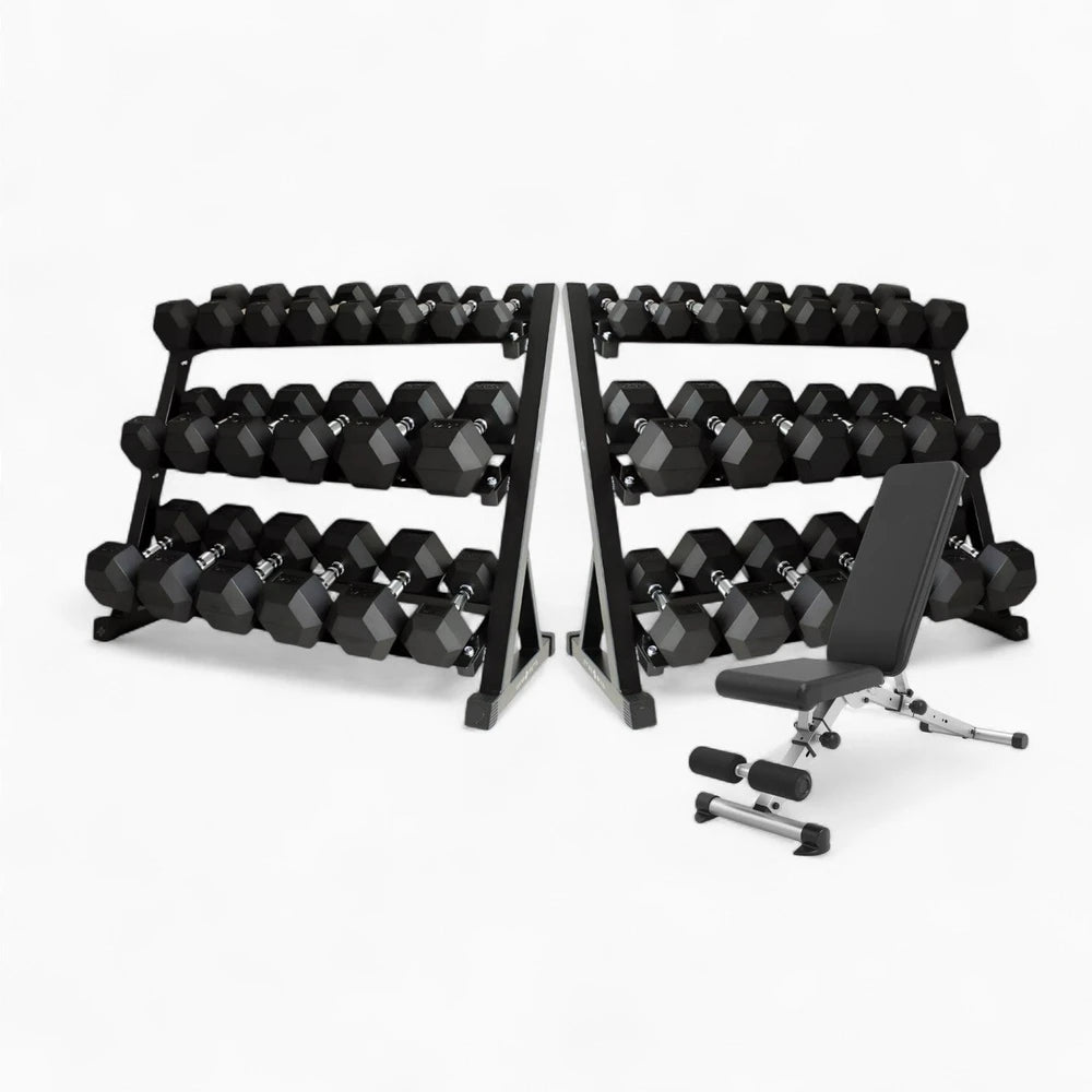 Dumbbell rack sets with stands and bench on a white background