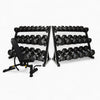 Black dumbbell set with rack on a white background