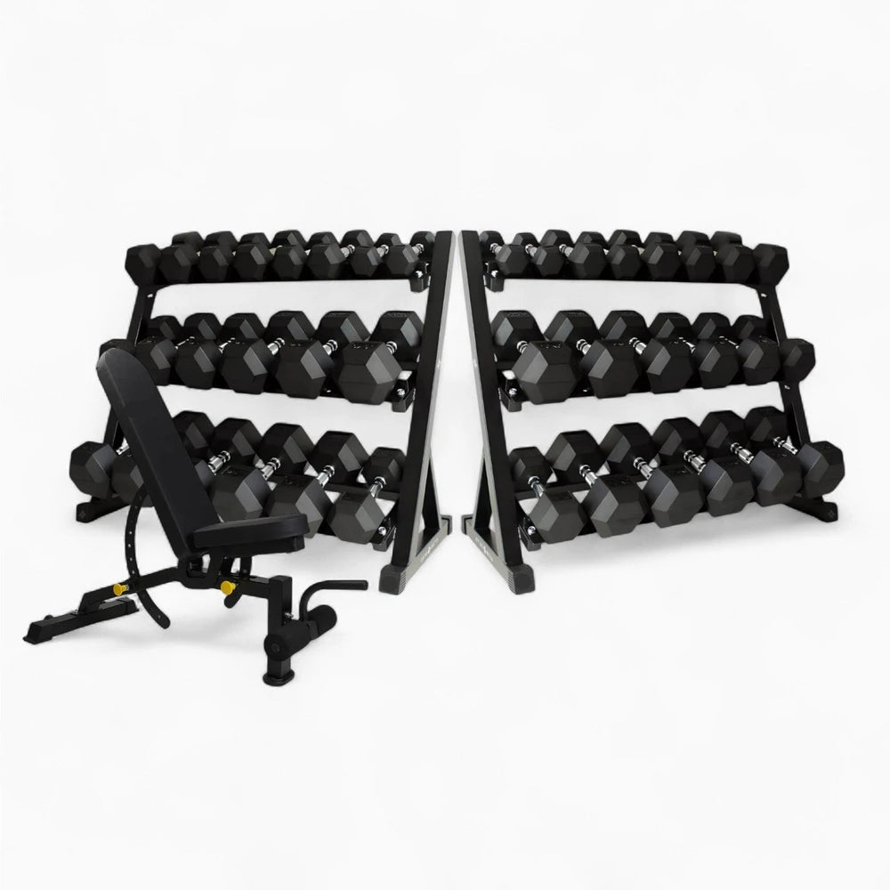 Black dumbbell set with rack on a white background