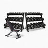 Pair of dumbbell racks with weight bench on a white background