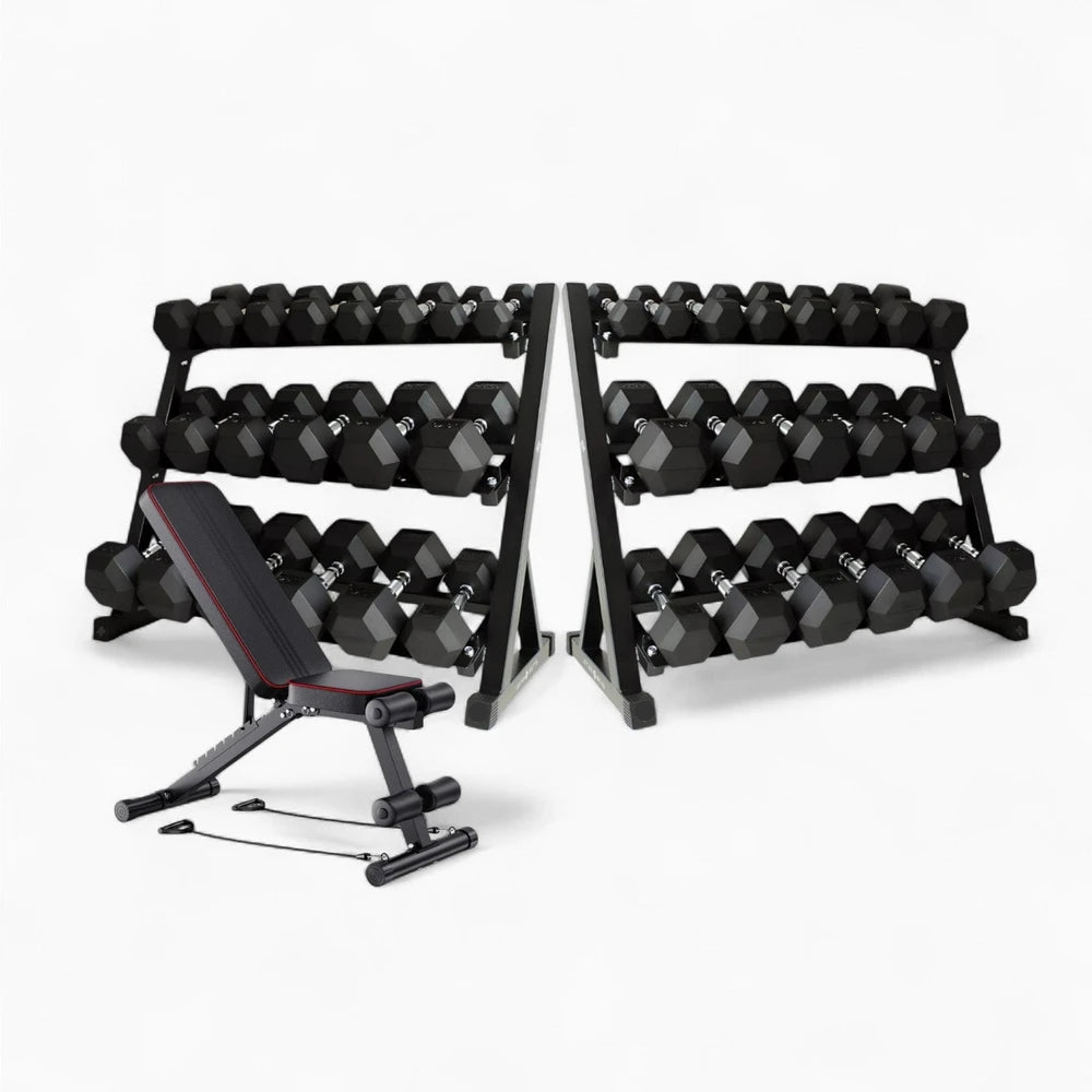 Pair of dumbbell racks with weight bench on a white background
