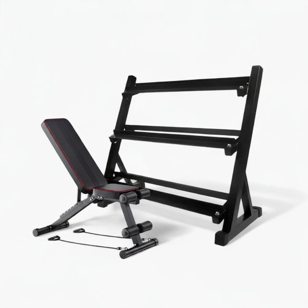 Empty dumbbell rack with gym weight bench on a white background