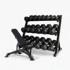 Gym weight rack for dumbbells with weight bench on a white background