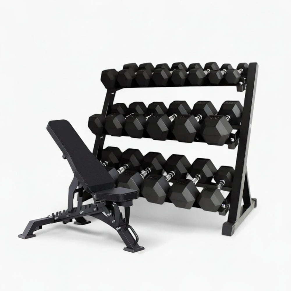 Gym weight rack for dumbbells with weight bench on a white background