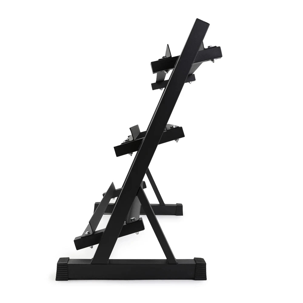 Black metal weight rack on a white background