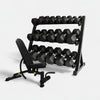Fully stocked weight rack with gym bench on a white background