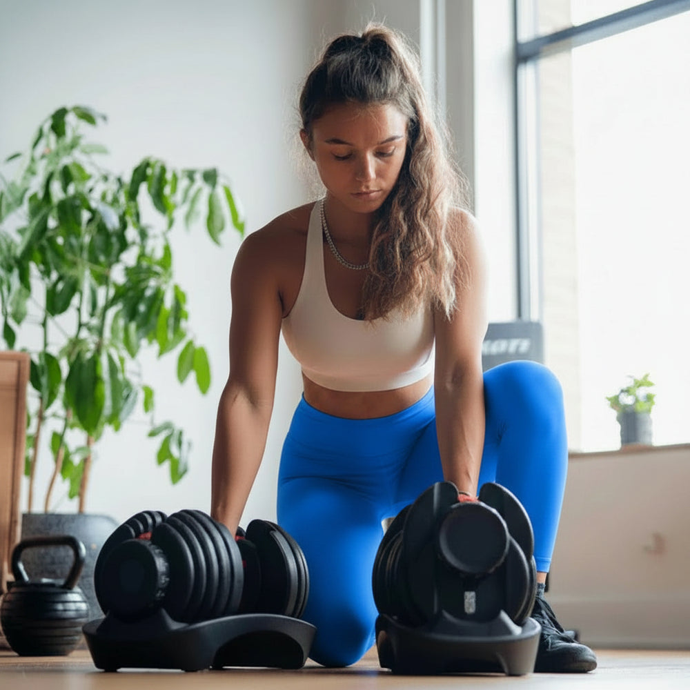 Woman in blue leggings and white sports bra lifting dumbbells in a home setting with plants and a window in the background.