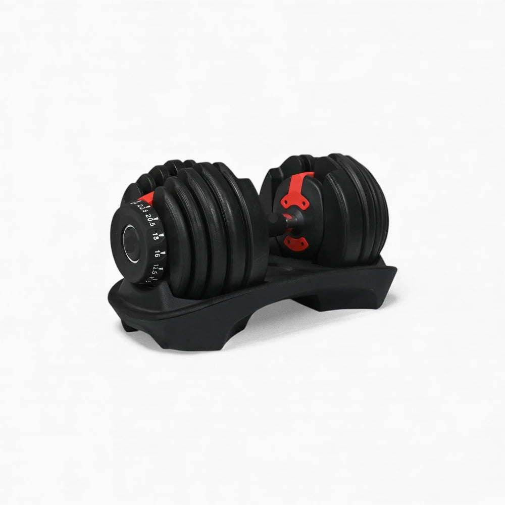 Black adjustable dumbbells with weight increment markings on a white background