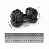 Adjustable dumbbells with measurement guide on a white background