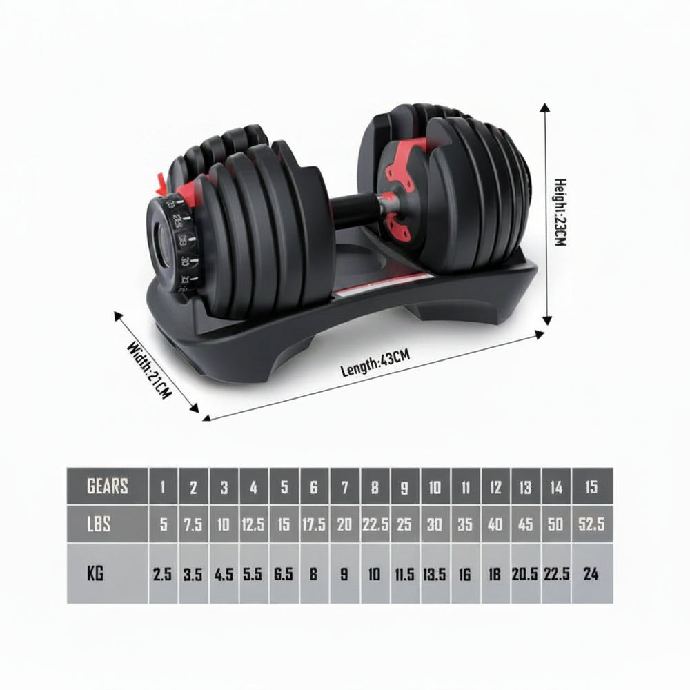 Adjustable dumbbells with measurement guide on a white background