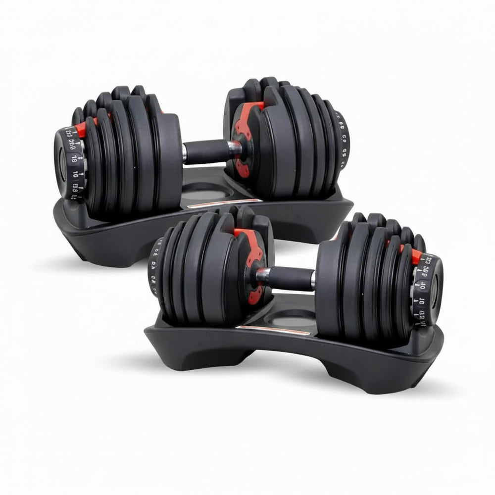 Pair of adjustable dumbbells with different weight settings on a white background