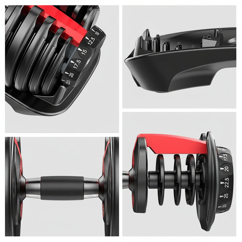 Collage of close up pictures of dumbbell features