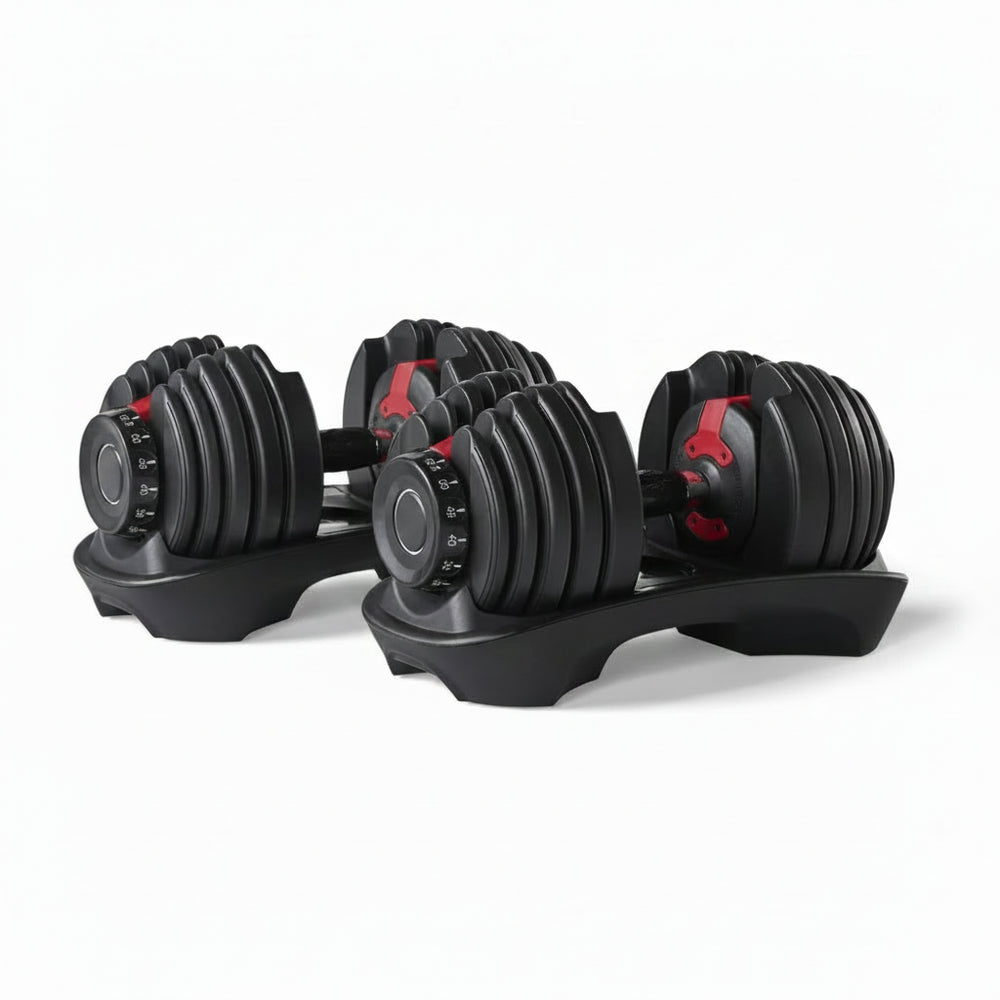 Pair of adjustable weighted dumbbells on stands on a white background