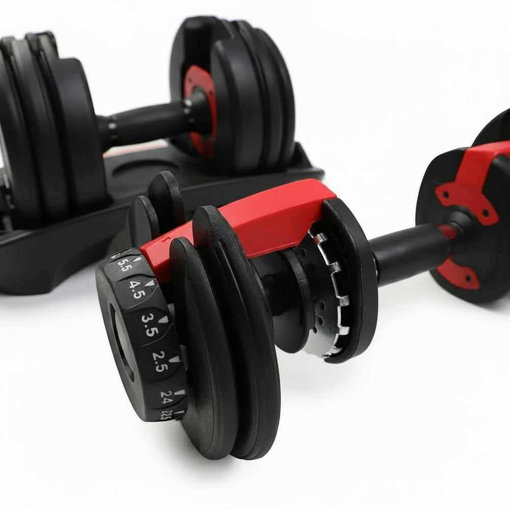 Detailed image of adjustable dumbbells on a white background