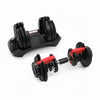 Image of adjustable dumbbells and a dumbbell stand on a white background