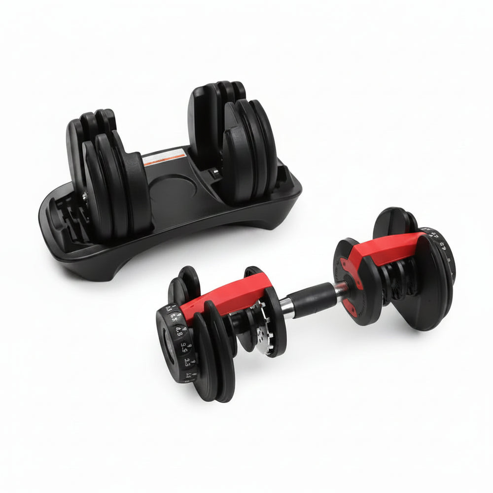 Image of adjustable dumbbells and a dumbbell stand on a white background