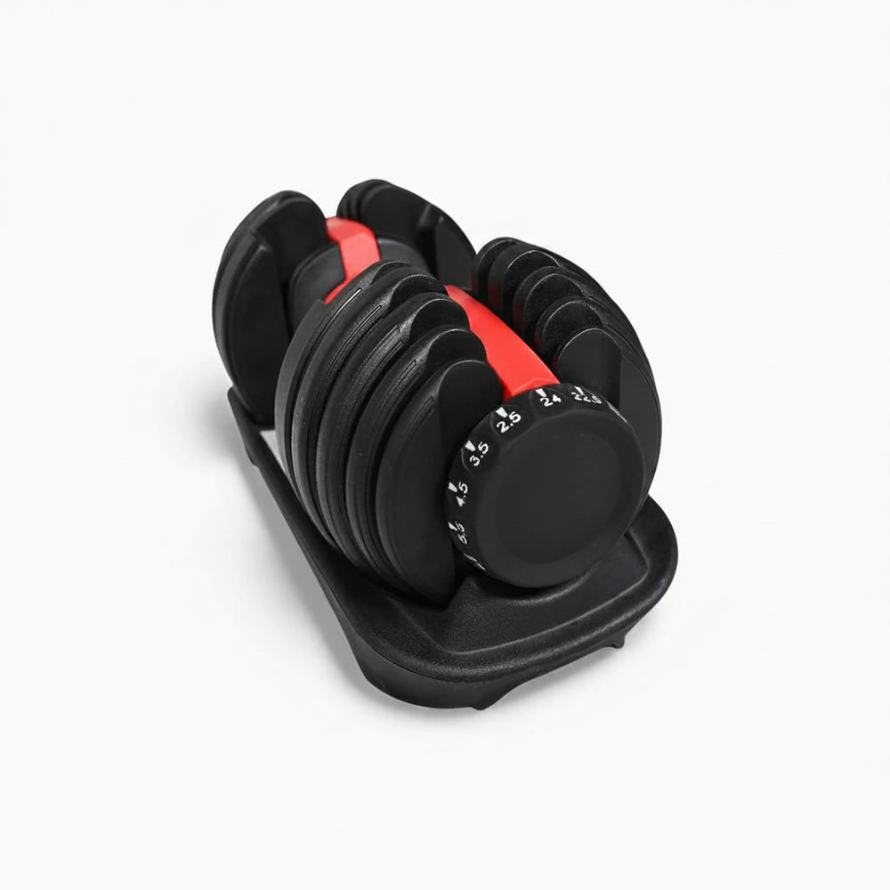 Adjustable dumbbell with weight increment markings on a white background