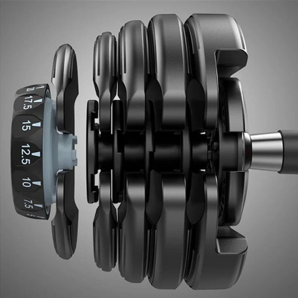 Close up of different weight plates for adjustable dumbbell on grey background