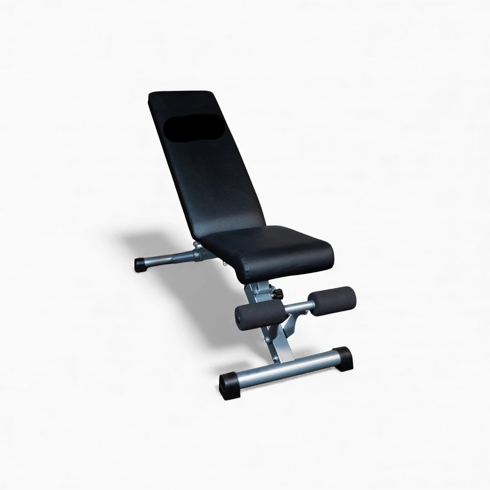 Black adjustable gym bench on a white background