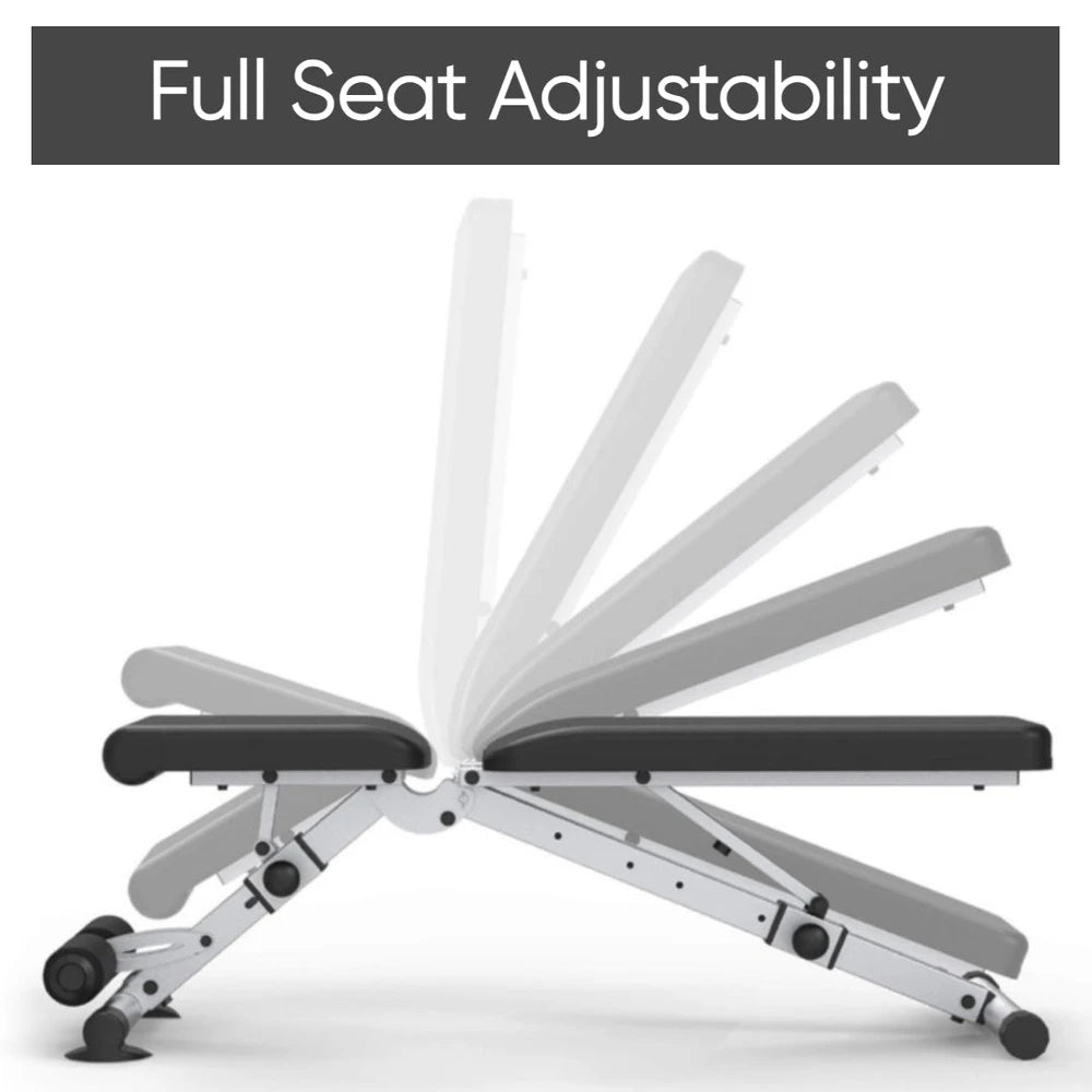 Adjustable weight bench with full seat adjustability on a white background