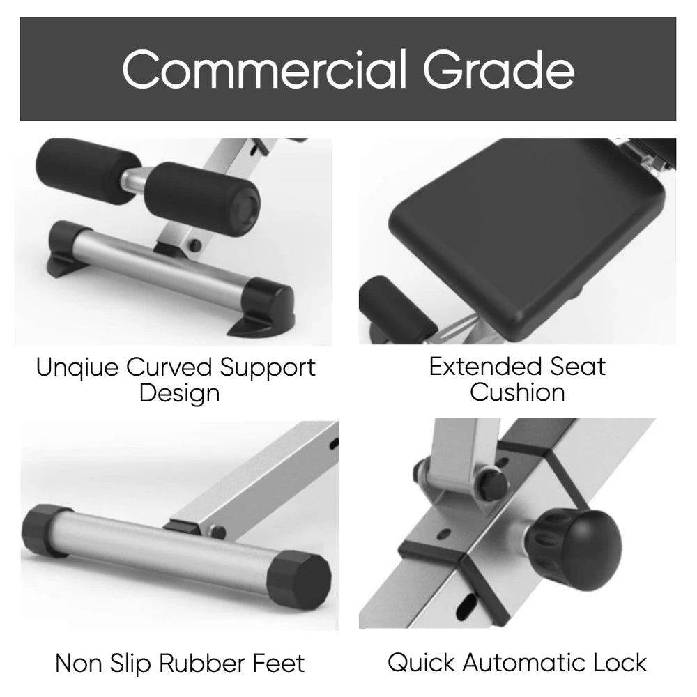 Commercial grade workout bench with features highlighted on a white background