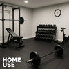 Home gym with gym machines and heavy weights on a heavy duty tiled floor