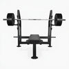 Black weightlifting bench and barbell above on a white background