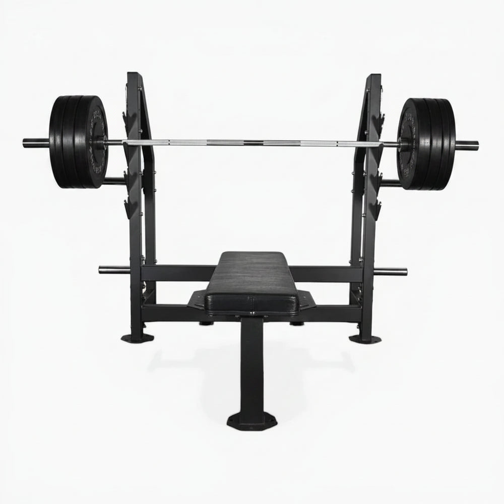 Black weightlifting bench and barbell above on a white background