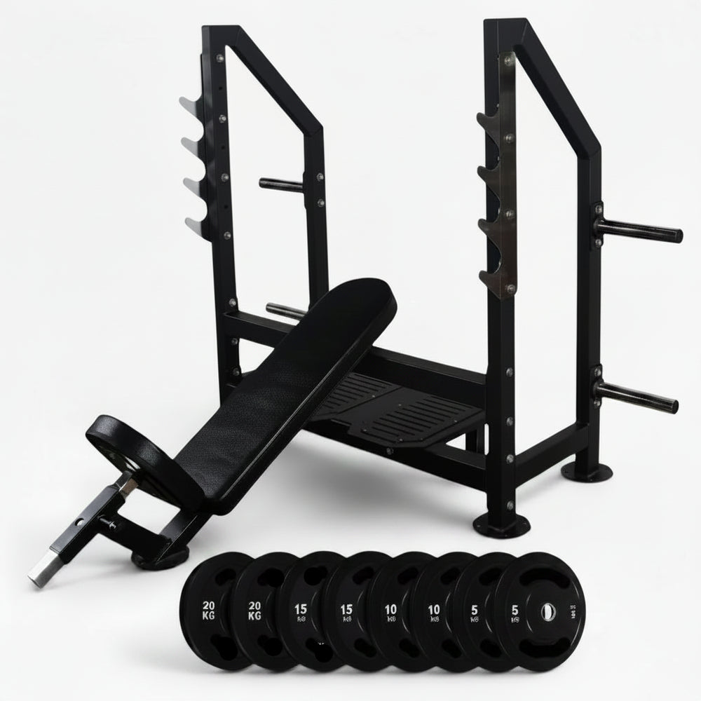 Black gym bench against a steel frame rack with weights on a white background