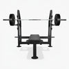 Black gym workout bench with barbell weights