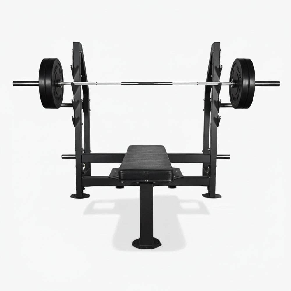 Black gym workout bench with barbell weights