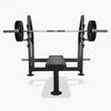 Front view of black gym bench with weights above on a white background