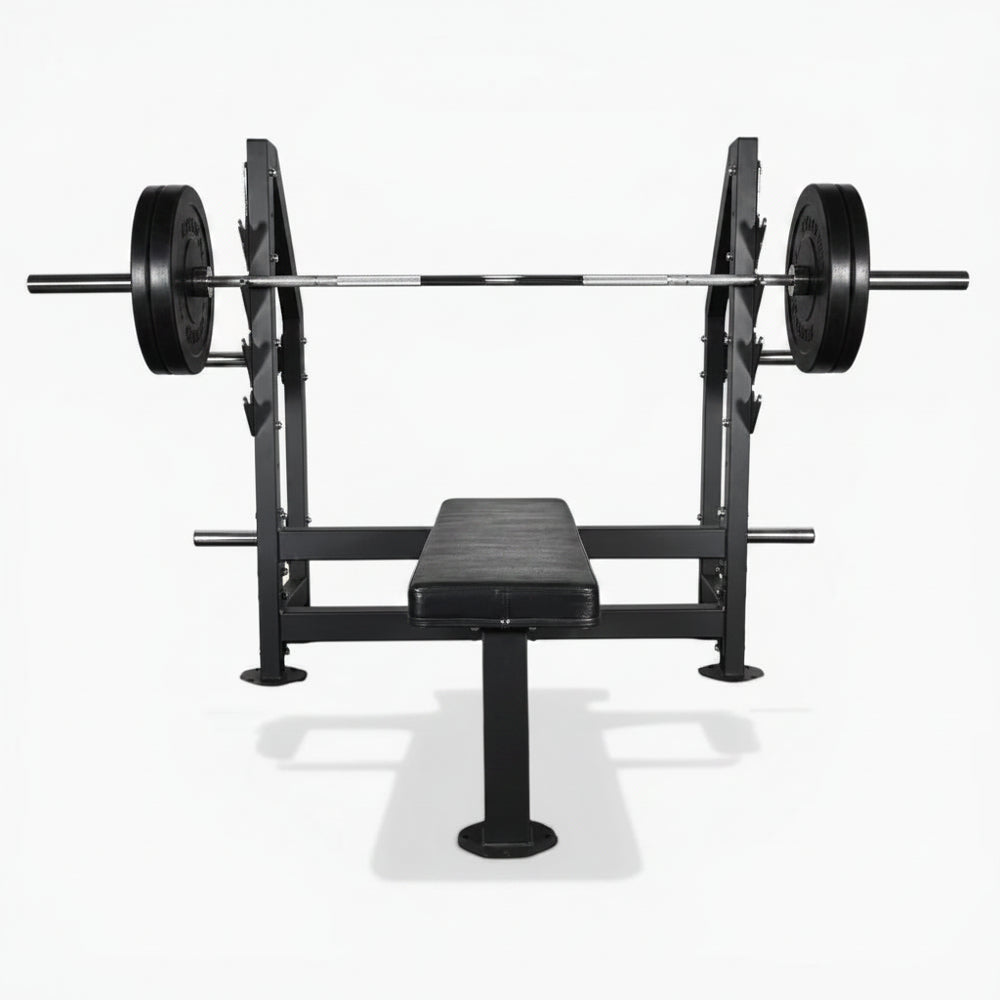Front view of black gym bench with weights above on a white background
